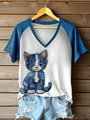 Women's Denim Cat Print V-neck T-shirt