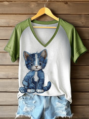Women's Denim Cat Print V-neck T-shirt