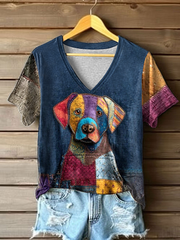 Women's Vintage Patchwork Dog Printed T-shirt