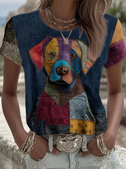 Women's Vintage Patchwork Dog Printed T-shirt