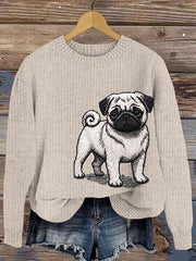 Women's Lovely Cute Pug Embroidery Art Loose Cozy Knit Sweater