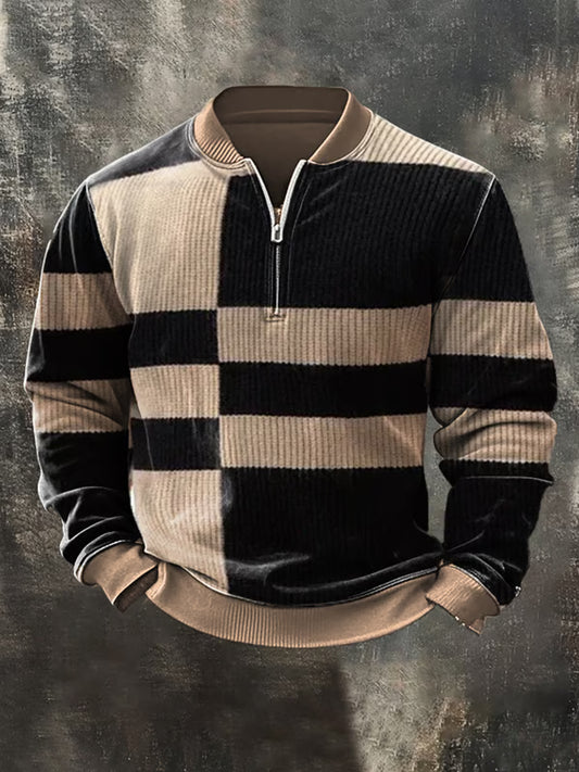Men'S Retro Colorblock Print Casual Ziiper Sweatshirt
