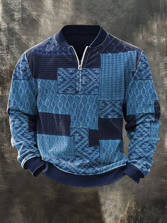 Men'S Retro Colorblock Print Casual Ziiper Sweatshirt