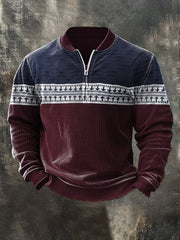 Men'S Retro Colorblock Print Casual Ziiper Sweatshirt