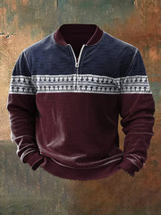 Men'S Retro Colorblock Print Casual Ziiper Sweatshirt