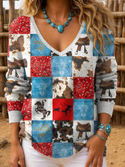 Women's Western Style Art Printed V-neck Tops