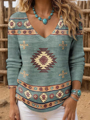 Women's Retro Western Ethnic Aztec Print Caual Long-Sleeve Top