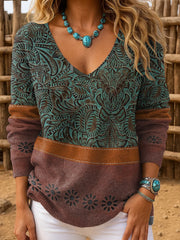 Women's Western Style Art Printed V-neck Tops