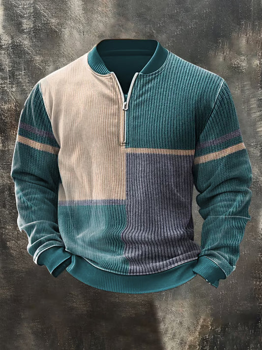 Men'S Retro Colorblock Print Casual Ziiper Sweatshirt