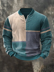 Men'S Retro Colorblock Print Casual Ziiper Sweatshirt