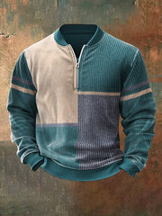 Men'S Retro Colorblock Print Casual Ziiper Sweatshirt