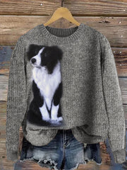 Women's Border Collie Dog Plush Felt Cozy Knit Sweater