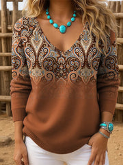 Women's Western Retro Pattern Print V-Neck Ribbed Top