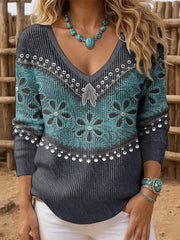 Women's Western Retro Pattern Print V-Neck Ribbed Top