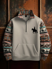 Men's Retro Western Aztec Cowboy Print Casual Zipper Sweatshirt