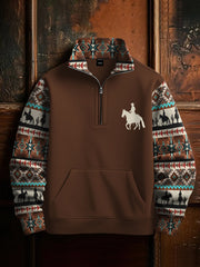 Men's Retro Western Aztec Cowboy Print Casual Zipper Sweatshirt