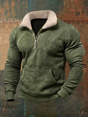 Men's Retro Pure Color Fur Collar Casual Zipper Sweatshirt