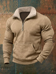 Men's Retro Pure Color Fur Collar Casual Zipper Sweatshirt