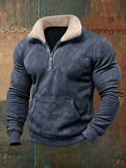 Men's Retro Pure Color Fur Collar Casual Zipper Sweatshirt