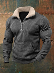 Men's Retro Pure Color Fur Collar Casual Zipper Sweatshirt