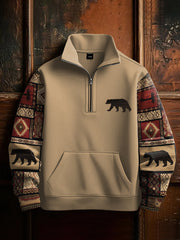 Men's Retro Western Aztec Bear Print Casual Zipper Sweatshirt