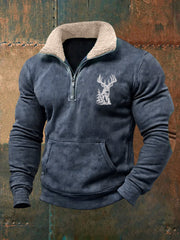 Men's Retro Western Deer Antlers Print Fur Collar Casual Zipper Sweatshirt