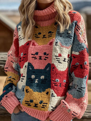 Women's Colorful Cat Embroidered Art Cozy Knitted Turtleneck Sweater