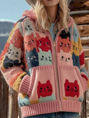 Women's Colorful Cats Art Knit Zipper Cardigan Sweater