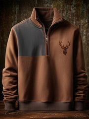 Men's Retro Western Deer Antler Print Casual Zipper Sweatshirt