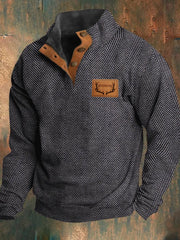 Men's Western Hunting Enthusiast Jacquard Herringbone Design Stand Collar Button Sweatshirt