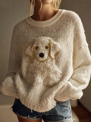 Women's Classic Plush Golden Retriever Felt Cozy Knit Crew Neck Sweater