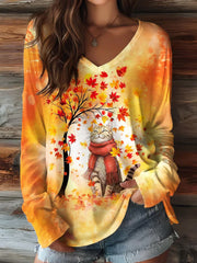 Women's Casual Autumn Leaves Cat Printed V-Neck  Long Sleeve Shirt