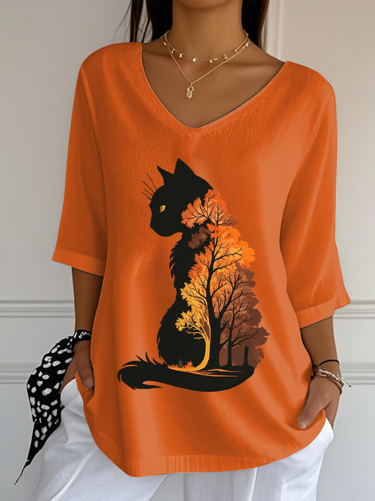Women's Casual Autumn Leaves Cat Printed V-Neck Top