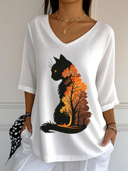 Women's Casual Autumn Leaves Cat Printed V-Neck Top
