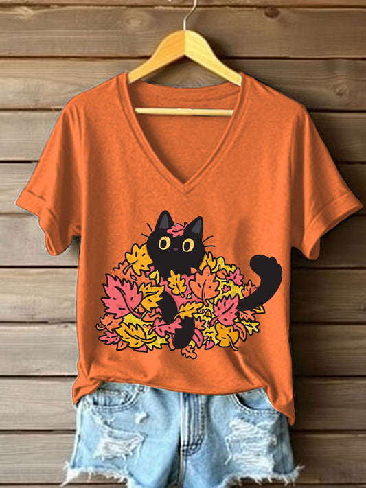 Women's Autumn Leaves Black Cat Short Sleeve T-Shirt