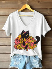 Women's Autumn Leaves Black Cat Short Sleeve T-Shirt