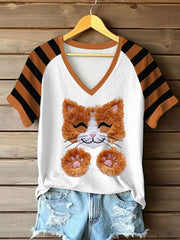 Women's Cute Cat V-neck off-shoulder short-sleeved T-shirt
