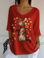 Women's It’s Fall Y’all Cute Cat Printed V-Neck Top