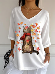 Women's It’s Fall Y’all Cute Cat Printed V-Neck Top