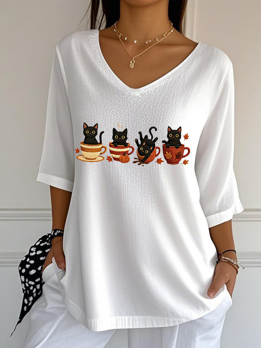 Women's Cute Autumn Black Cat Pumpkin Printed V-Neck Top