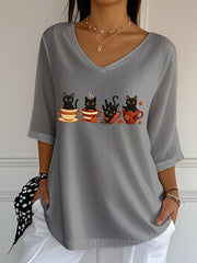 Women's Cute Autumn Black Cat Pumpkin Printed V-Neck Top