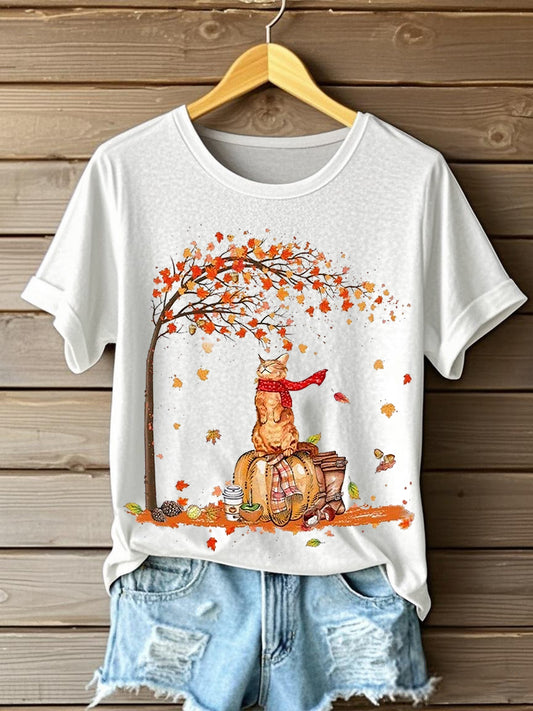 Women's It’s Fall Y’all Cute Cat Printed  Short Sleeve T-Shirt