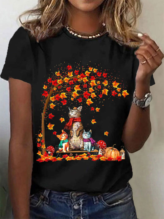 Women's It’s Fall Y’all Cute Cat Printed  Short Sleeve T-Shirt