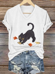 Women's Cozy Fall  Cute Black Cat Short Sleeve T-Shirt