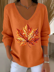 Women's Sequined Maple Leaf Printed Casual  Long Sleeve Top