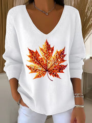 Women's Sequined Maple Leaf Printed Casual  Long Sleeve Top