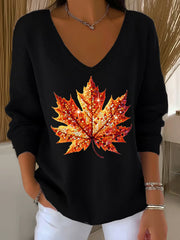 Women's Sequined Maple Leaf Printed Casual  Long Sleeve Top