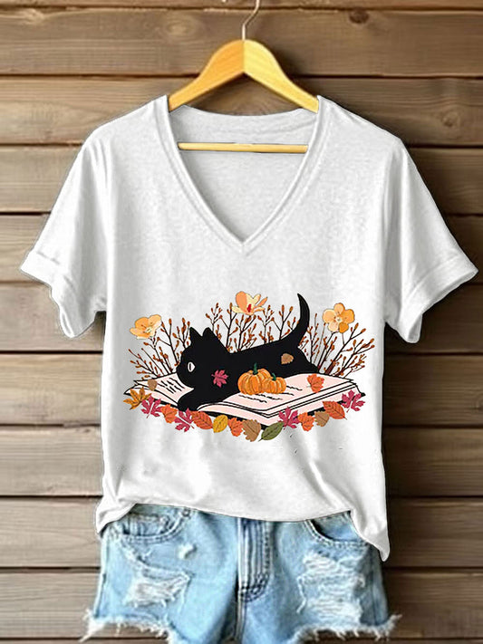 Women's Fall Cat Book Pumpkin Maple Leaves Short Sleeve T-Shirt