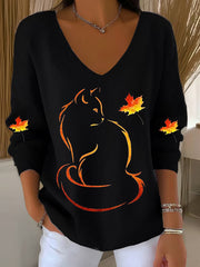 Women's It’s Fall Y’all Cute Cat Printed V-Neck  Casual Long Sleeve Shirt