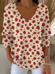 Women's Canadian Maple Leaf Print Casual V-Neck Long Sleeve Top